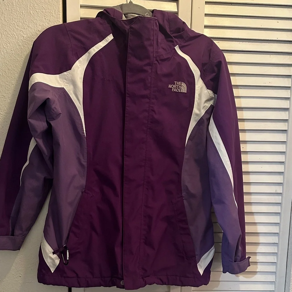 The North Face Girls' Purple and White Hooded Rain Jacket